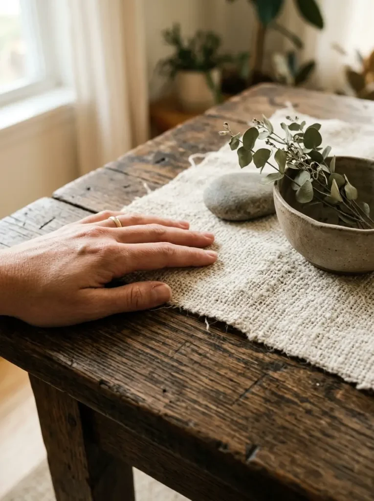 Handwoven linen and natural wood surfaces, highlighting an authentic slow living home.