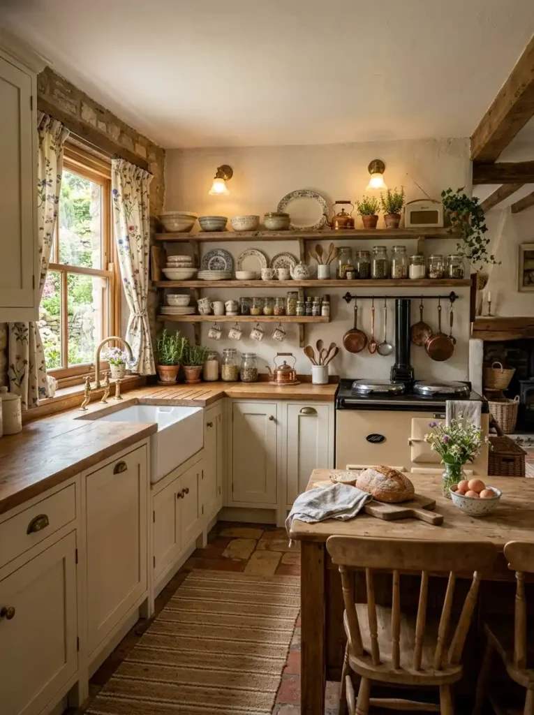 Terraced House Kitchen Ideas with country charm, wood counters, and terracotta floor