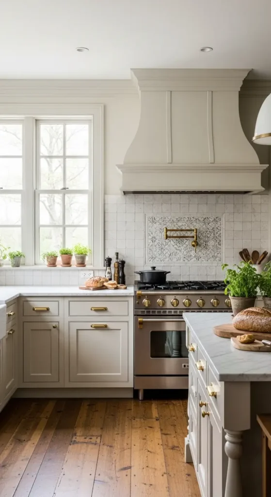 Modern farmhouse kitchen with cream cabinets and brass range