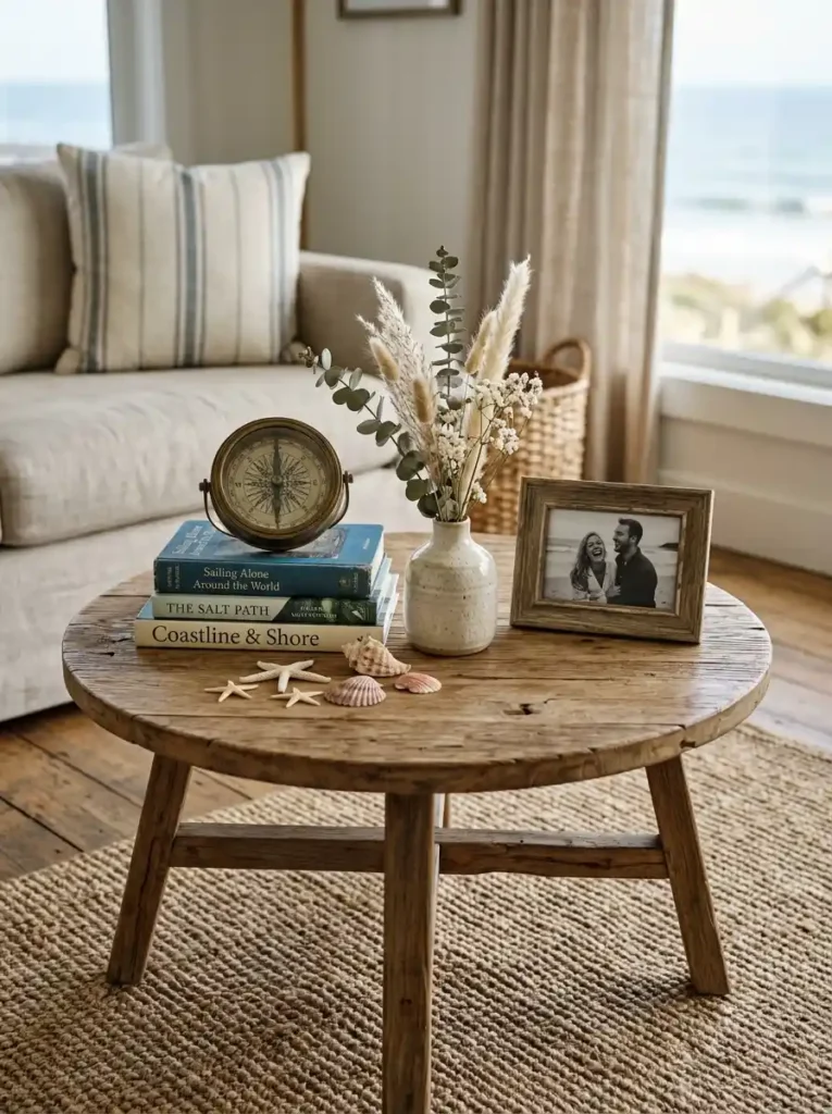 Coastal coffee table with books, compass, seashells, and framed photo