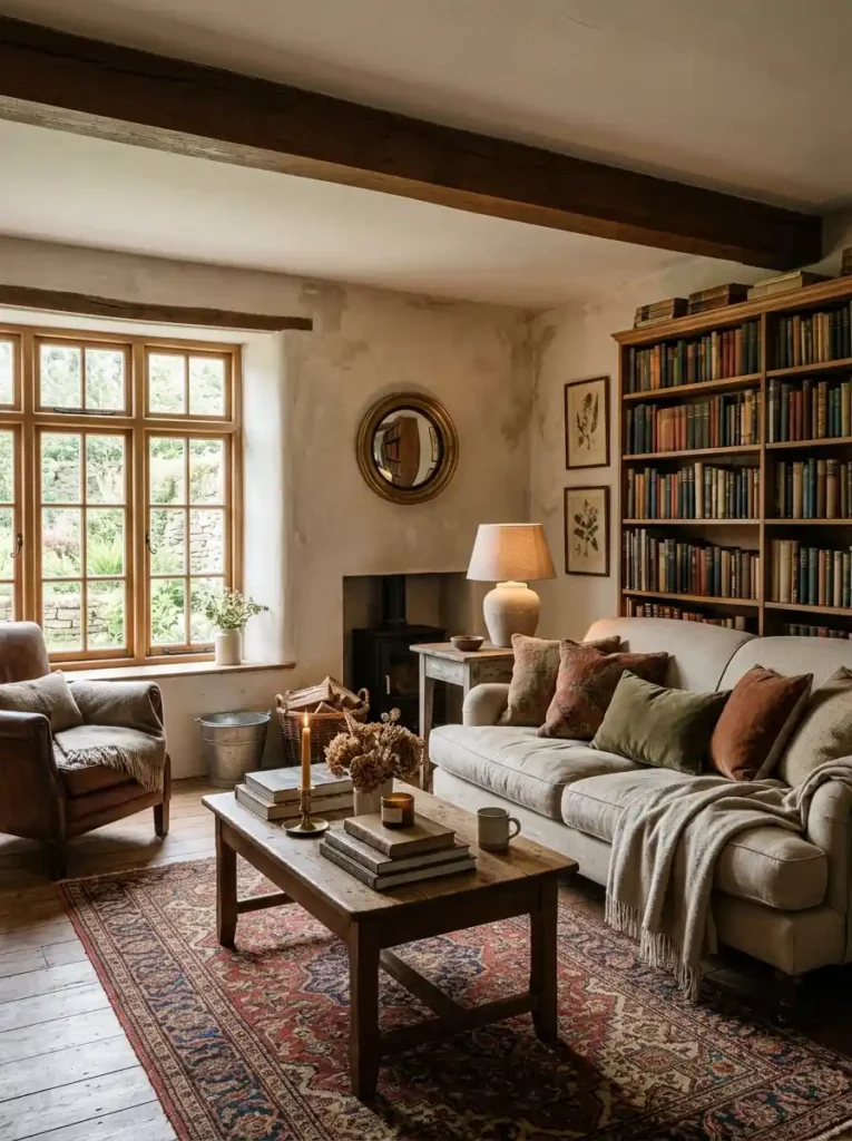 Earthy Cottage Living Room with vintage decor and warm tones