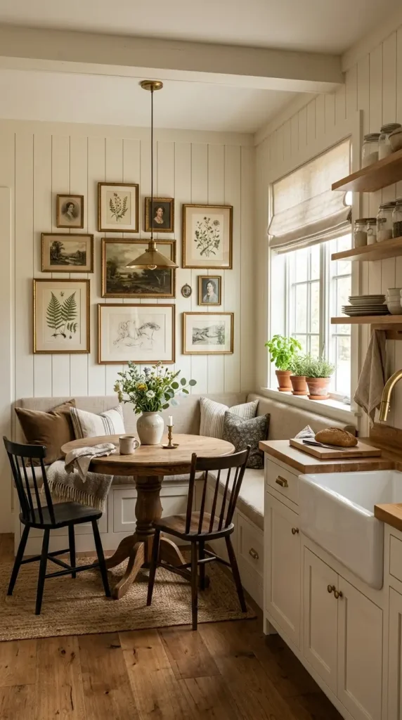 Kitchen in modern farmhouse style with banquette seating area and gallery wall display