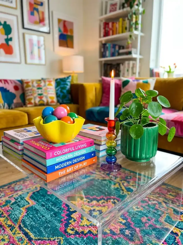 Colorful modern coffee table with acrylic base, books, and vibrant decor