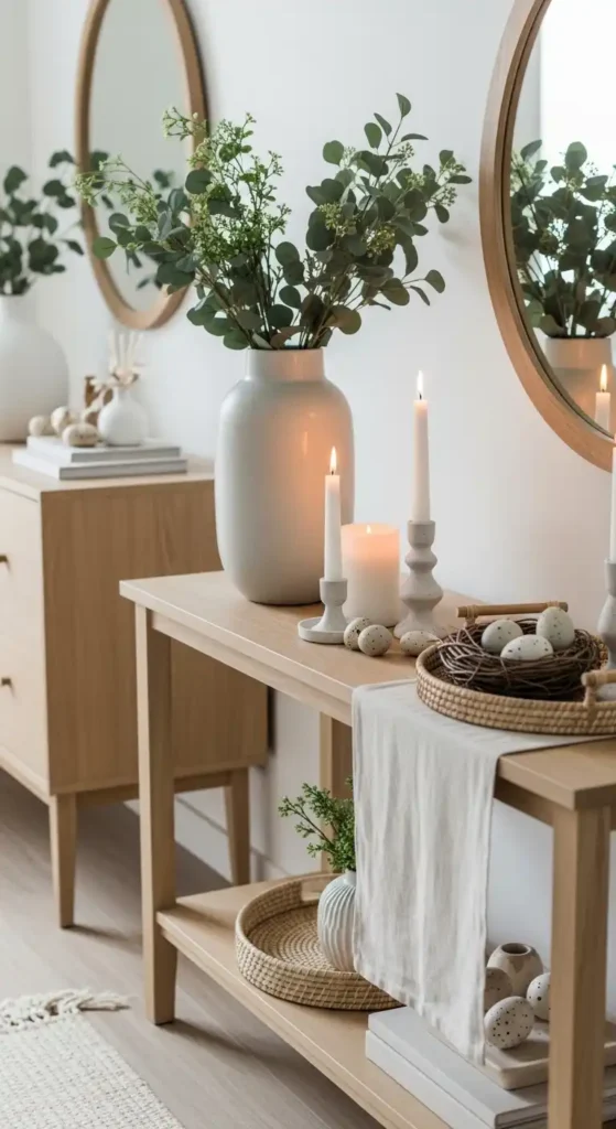 neutral Easter console table with layered greenery, candles, and decorative accents