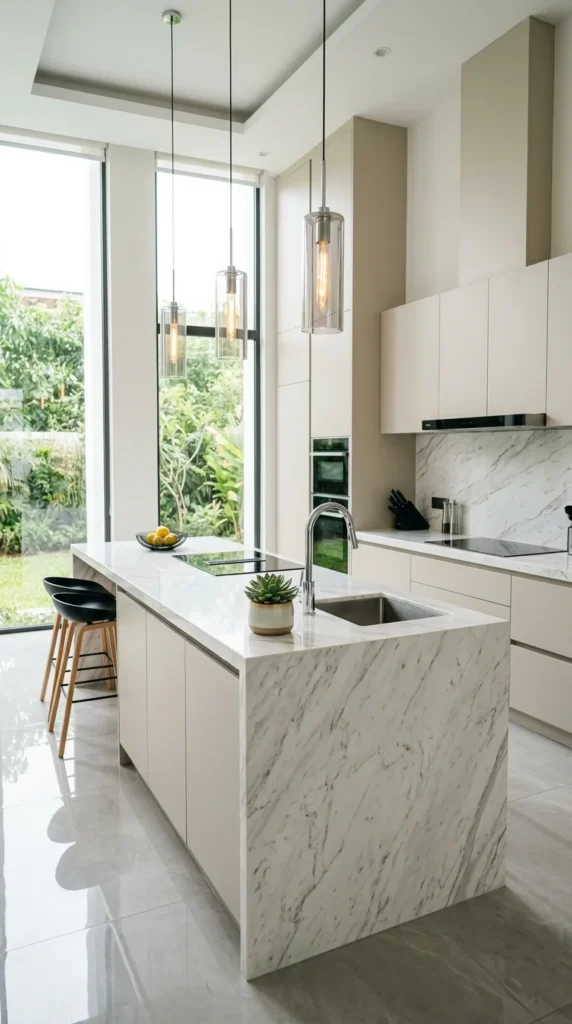 Modern kitchen with marble island, pendant lights, and minimalist cabinetry