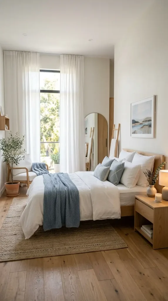 Bedroom with tranquil design and cool blue accents, white sheets, and wooden flooring