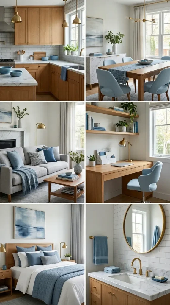Contemporary house with blue walls, wood furniture, and brass and marble decorations