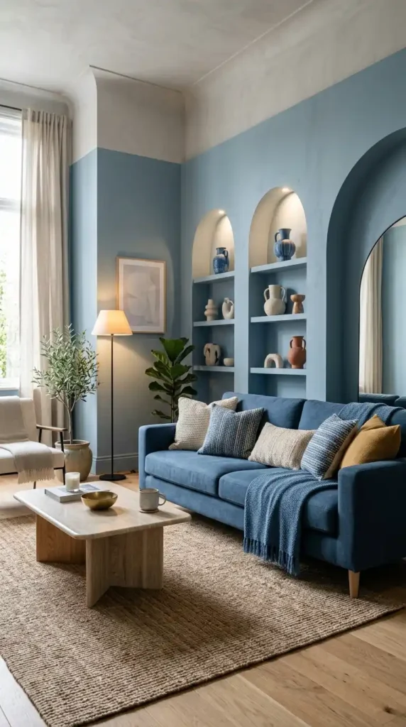 Blue living room with layers of fabrics, arched walls, and relaxing ambience