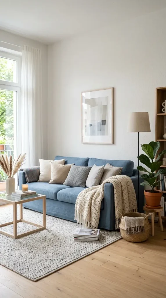 Cool Blue Living Room Design With Layered Pillows, Textured Blankets, and Wood Floors