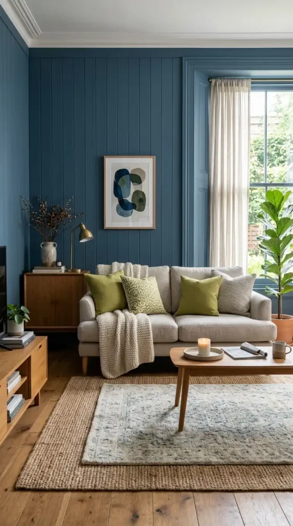 Cool blue walls and wasabi wall panels in living room