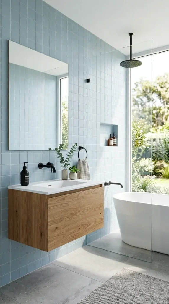 Bathroom decorated in cool blue hues with wood vanity and natural light