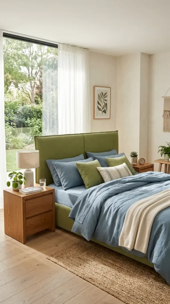 Contemporary bedroom featuring blue sheets with a wasabi green headboard