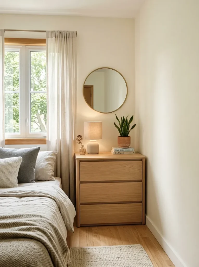 Small bedroom dresser placed in corner with lamp and plant in modern cozy room