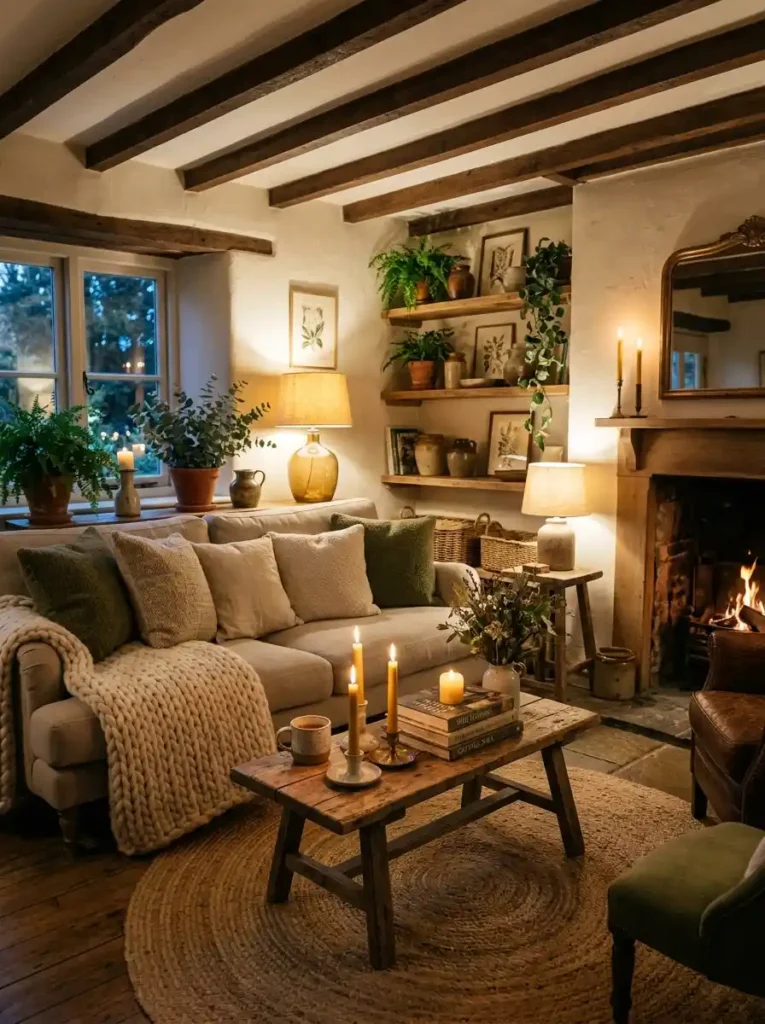 Cozy Earthy Cottage Living Room with candlelight, soft textures, and warm decor