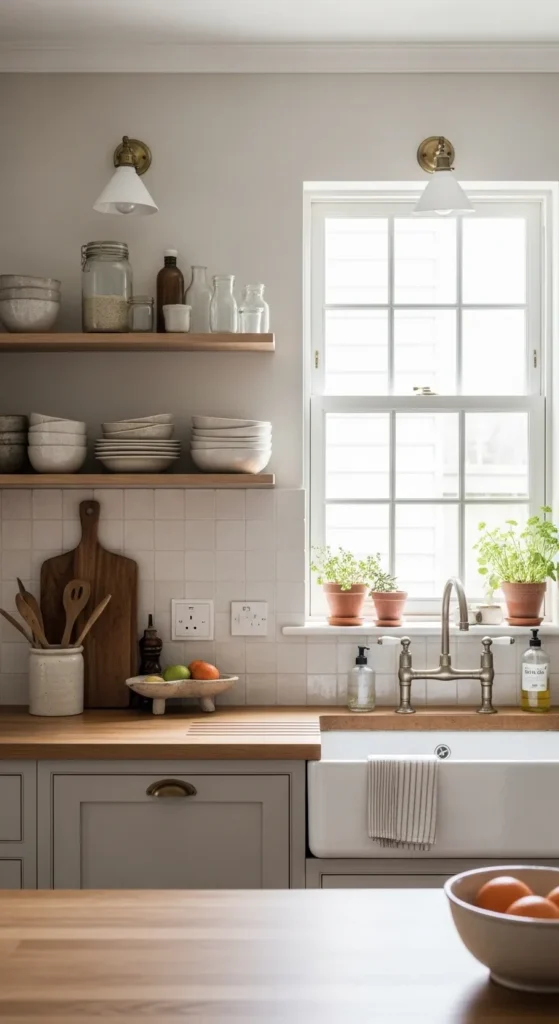Modern farmhouse kitchen design with neutral tones and wood countertops
