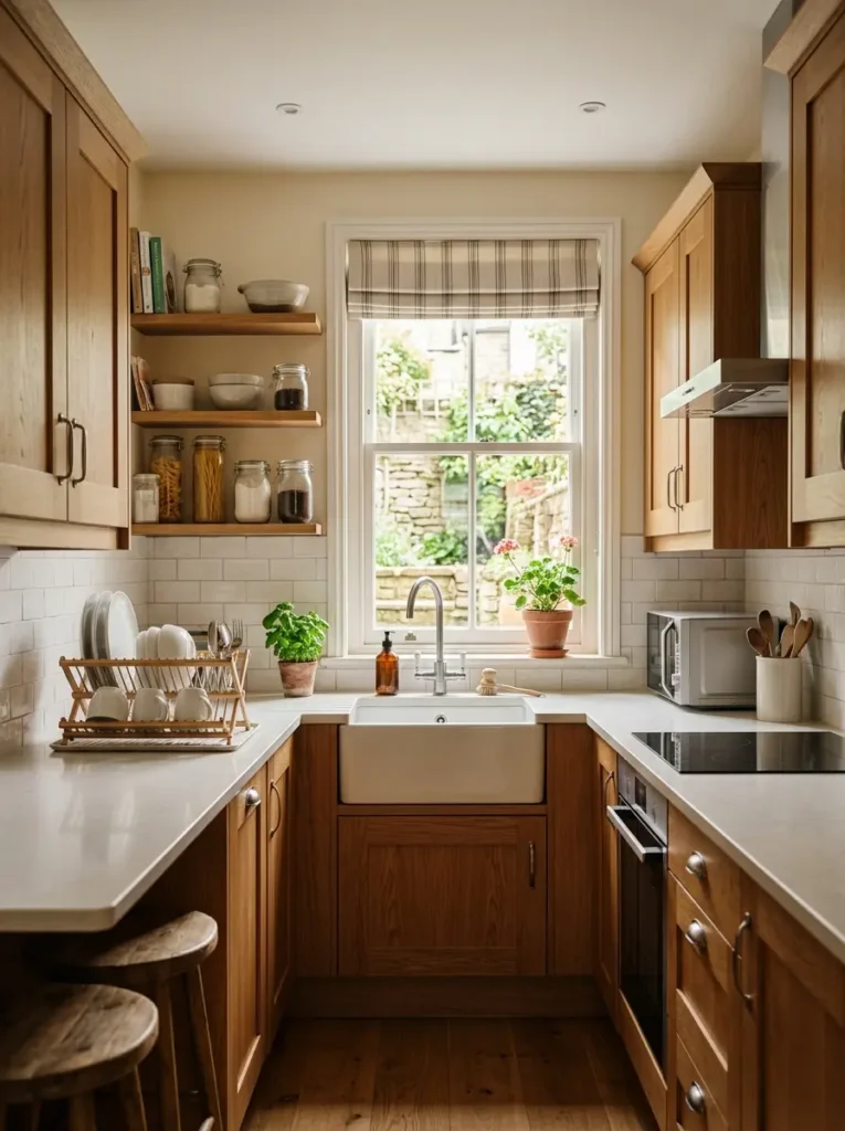Terraced House Kitchen Ideas with compact wood kitchen and natural light