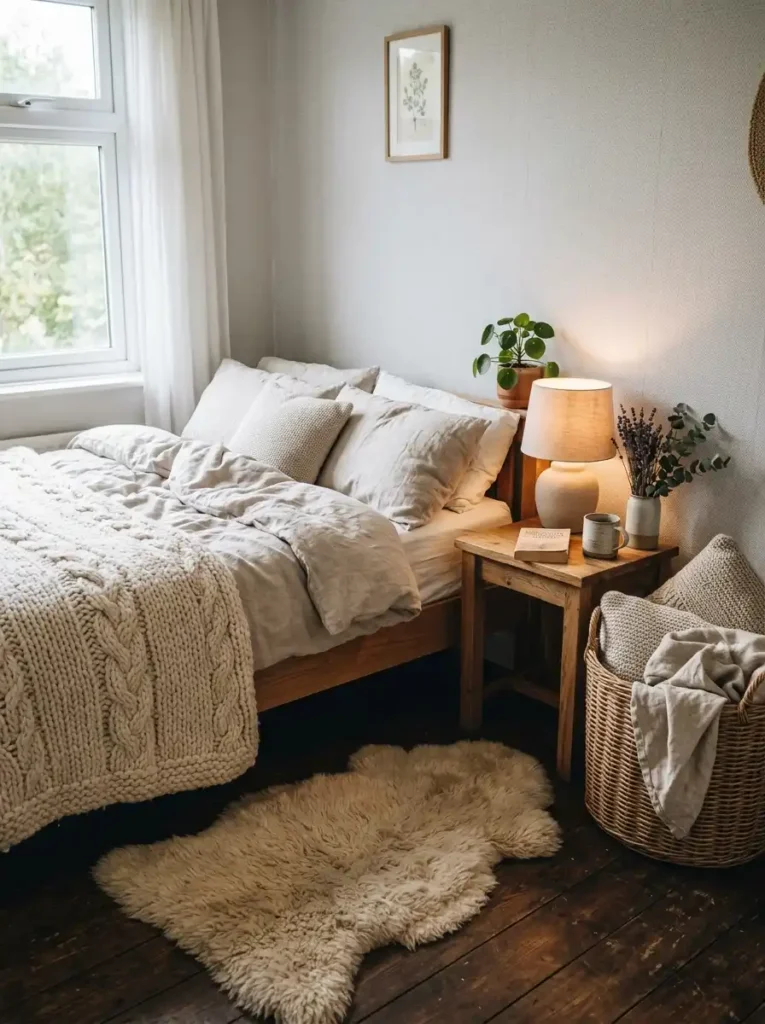 Cozy bedroom design using a textured layout.