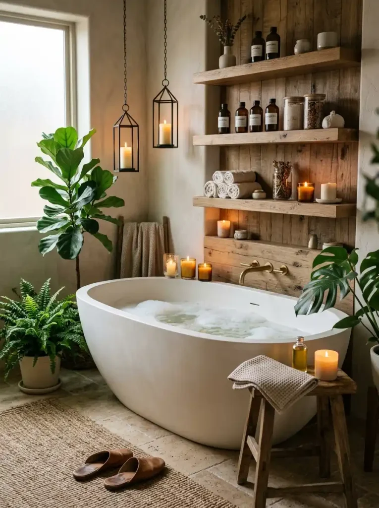 Spa Bathroom Ideas: freestanding tub with wood shelves and greenery
