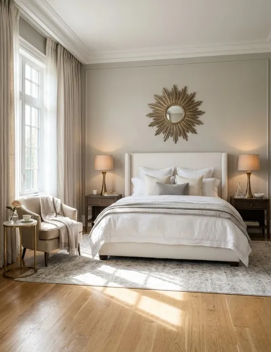 Luxury hotel bedroom design with neutral colors and symmetry