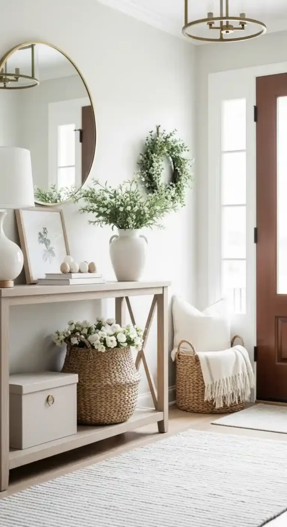 Neutral Easter entryway decor with wreath greenery and spring accents
