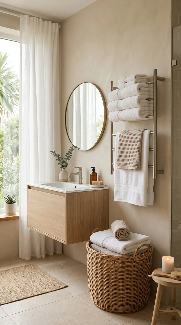 Neutral bathroom with soft lighting, towel rack, and cozy spa-like decor
