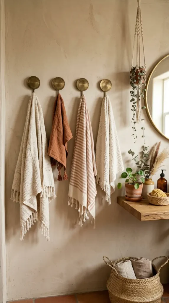 Boho bathroom with brass towel hooks, tassel towels, and plants