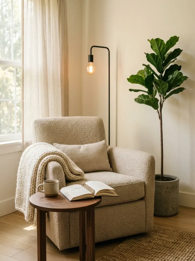 A cozy armchair and reading nook, perfect for a peaceful slow living ritual.