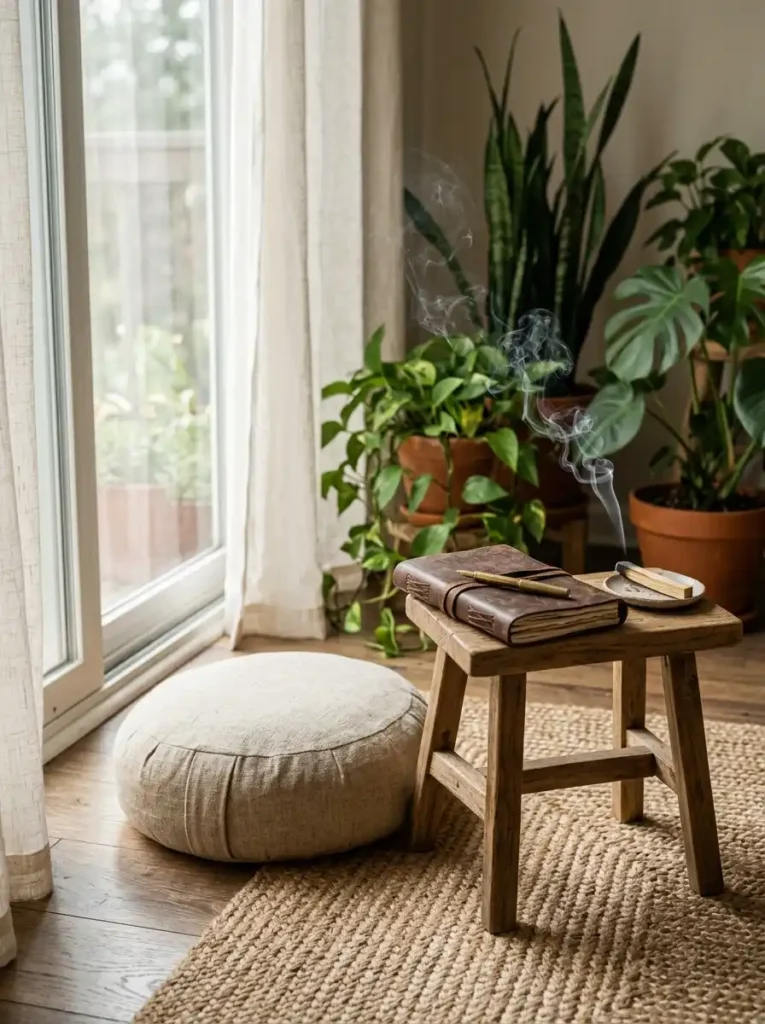 A peaceful meditation cushion and journal setup, perfect for a slow living ritual.