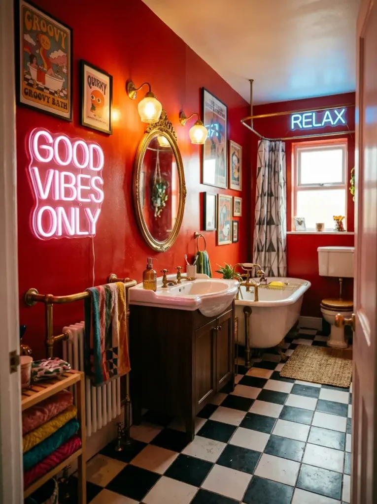 Funky Bathroom Ideas with retro checkerboard floor