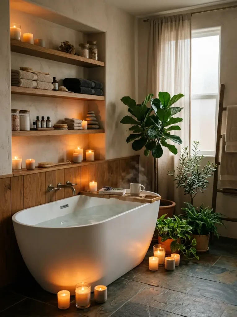 Spa Bathroom Ideas: candles and wood shelves with cozy spa vibe