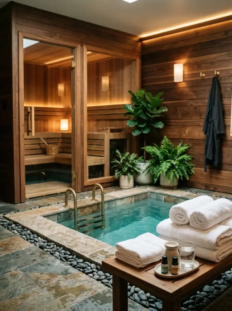 Spa Bathroom Ideas: home sauna with plunge pool and wooden interior