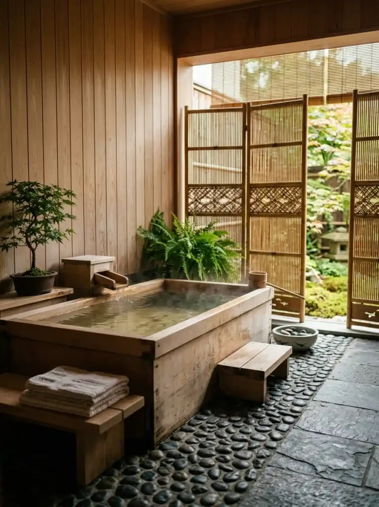 Spa Bathroom Ideas: Japanese soaking tub with bamboo and natural wood design