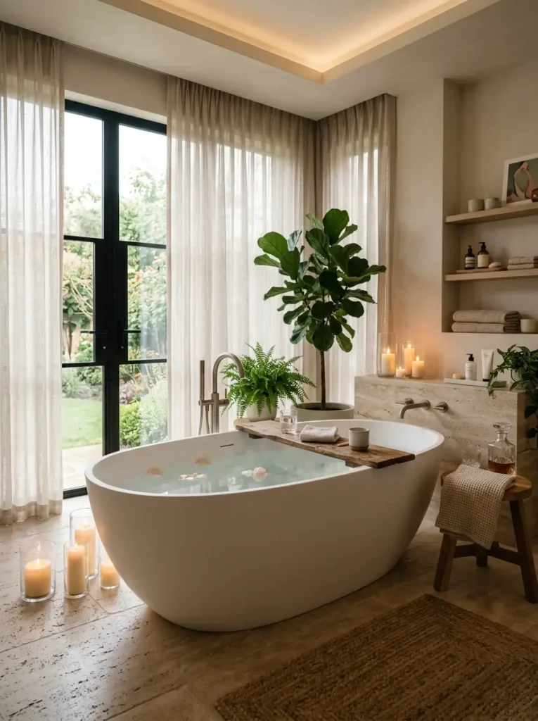 Spa Bathroom Ideas: relaxing soaking tub with candles and natural greenery