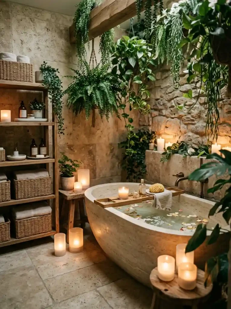 Spa Bathroom Ideas: stone bath with greenery and freestanding tub