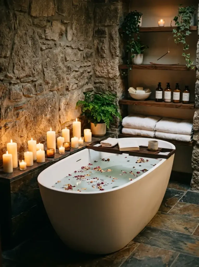 Spa Bathroom Ideas: stone wall bathroom with tub and candle lighting