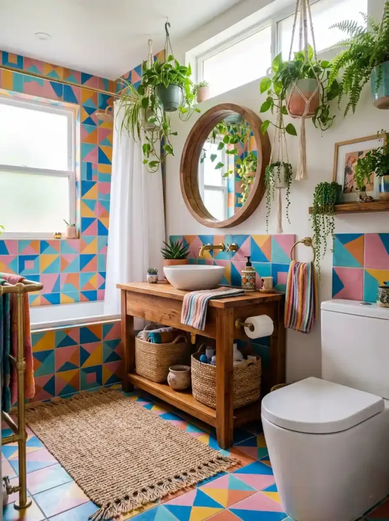 Funky Bathroom Ideas with colorful geometric tiles