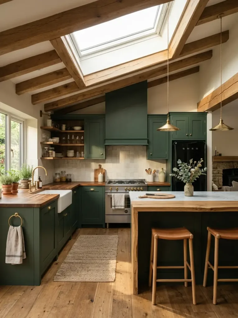 Dark green kitchen with skylight and beams – Green Kitchen Ideas