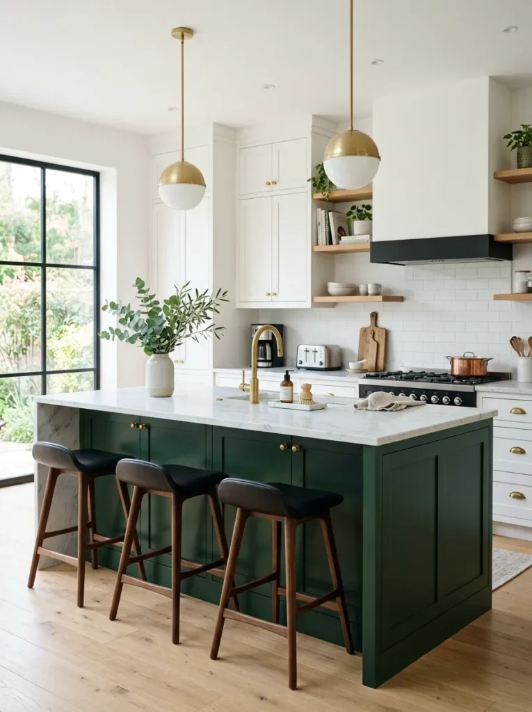 Dark green kitchen island with marble top – Green Kitchen Ideas