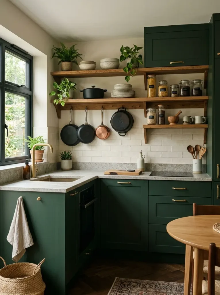 Dark green kitchen with open shelving – Green Kitchen Ideas