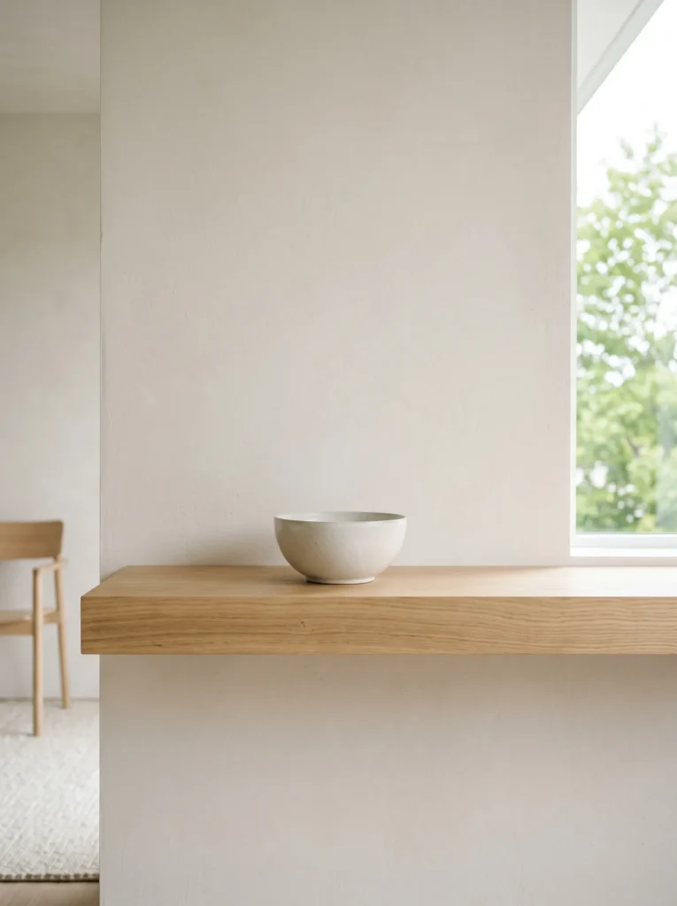A minimalist wooden shelf with one ceramic bowl, showing slow living via decluttering.
