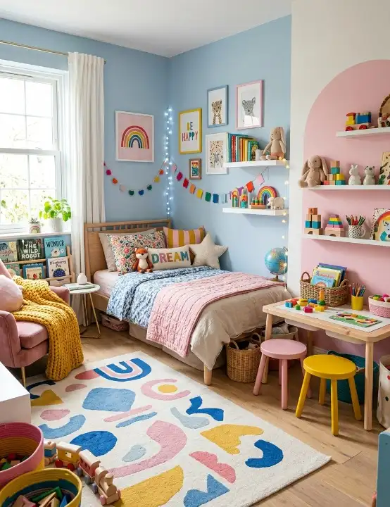 playful colorful bedroom with soft blue and pink accents, layered bedding, and organized storage