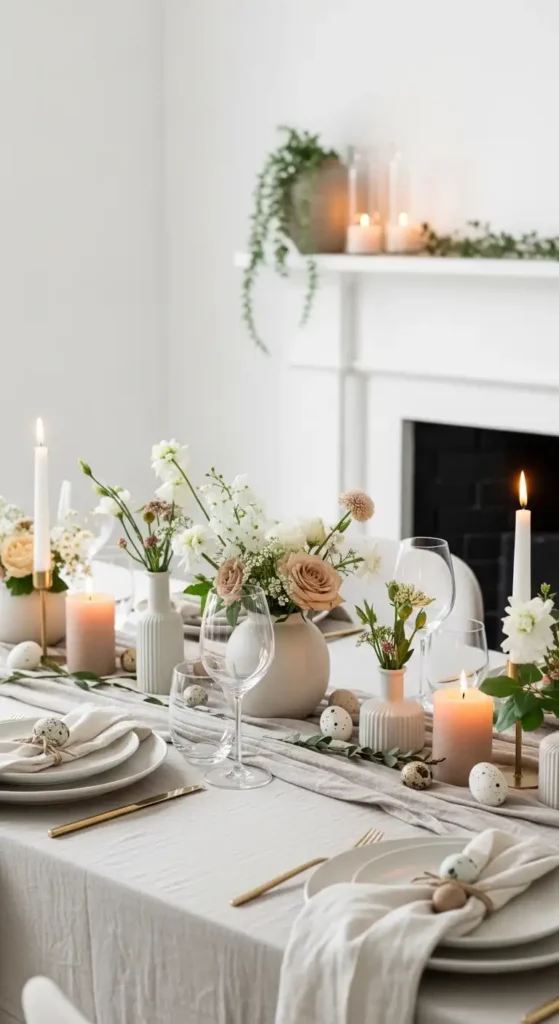 elegant Easter table centerpiece with linen runner flowers and candles