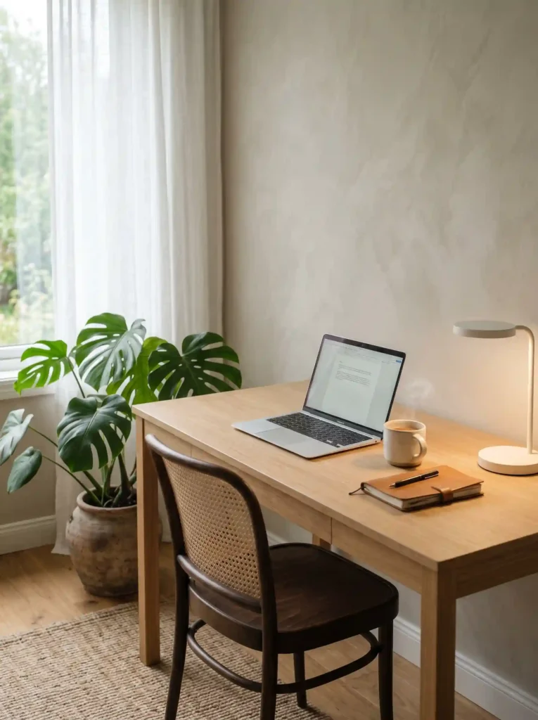 A clean, minimalist home office setup, ideal for deep work and a slow living lifestyle.