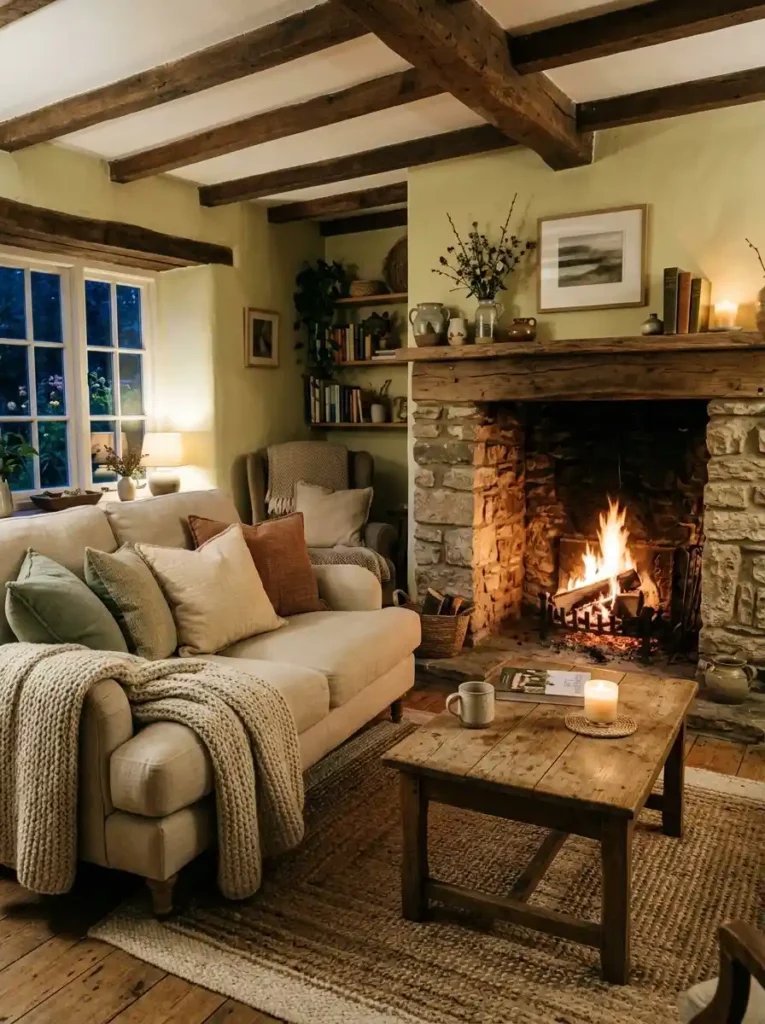 Earthy Cottage Living Room with stone fireplace, warm firelight, and cozy seating