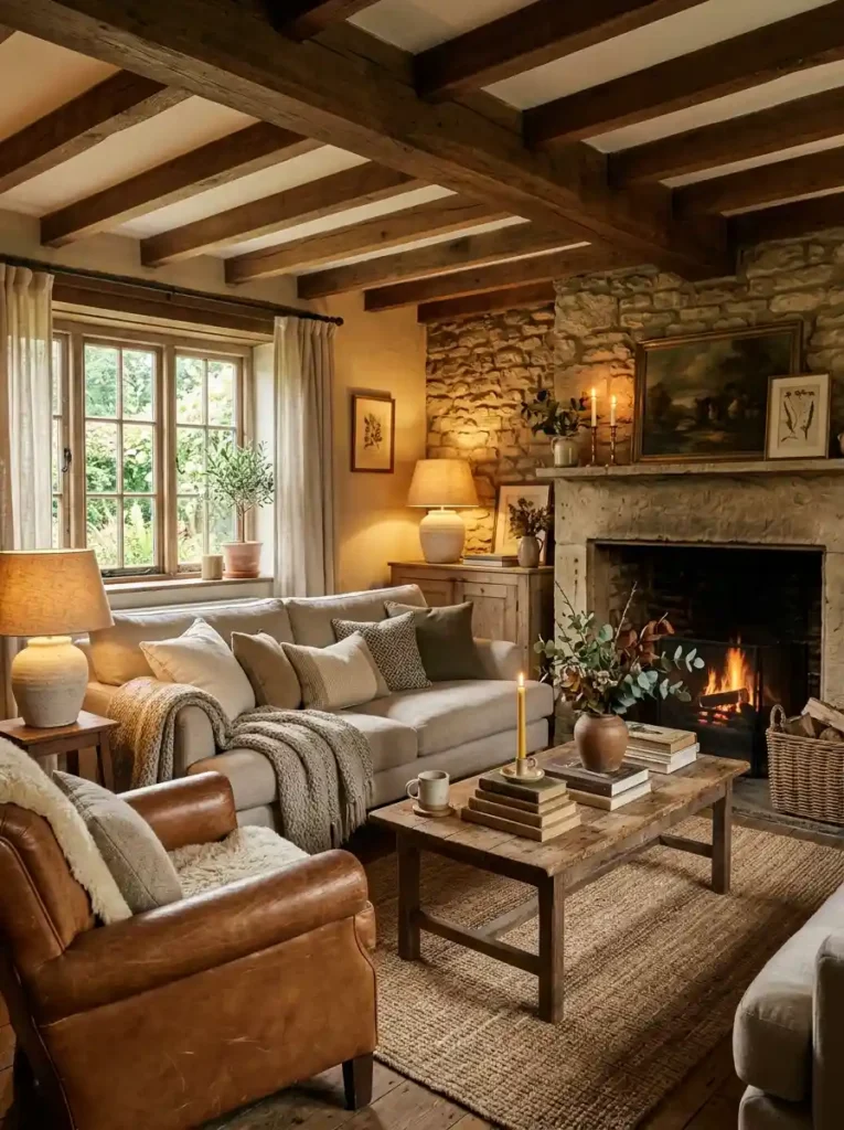 Earthy Cottage Living Room with stone walls, wooden beams, and cozy seating