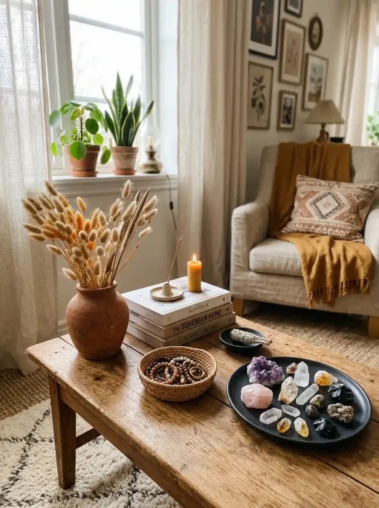Rustic coffee table decor with dried florals, books, basket, and crystal platter