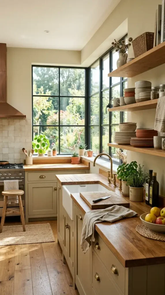 Sunlit modern farmhouse kitchen with earthy cabinets and open shelving