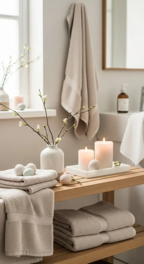 spa-like Easter bathroom with neutral towels, spring stems, and subtle pastel colors