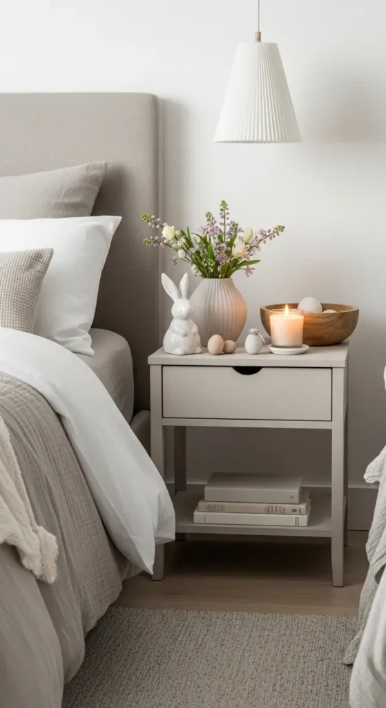 minimal Easter bedroom decor with nightstand styling, candle, and soft florals