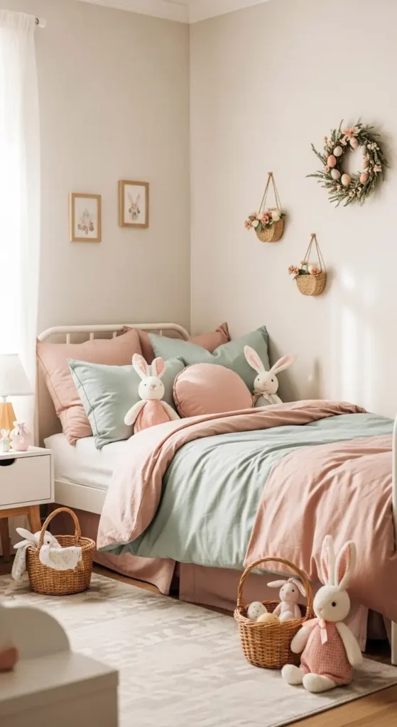 child’s Easter bedroom with pastel bedding, plush bunnies, and seasonal accessories